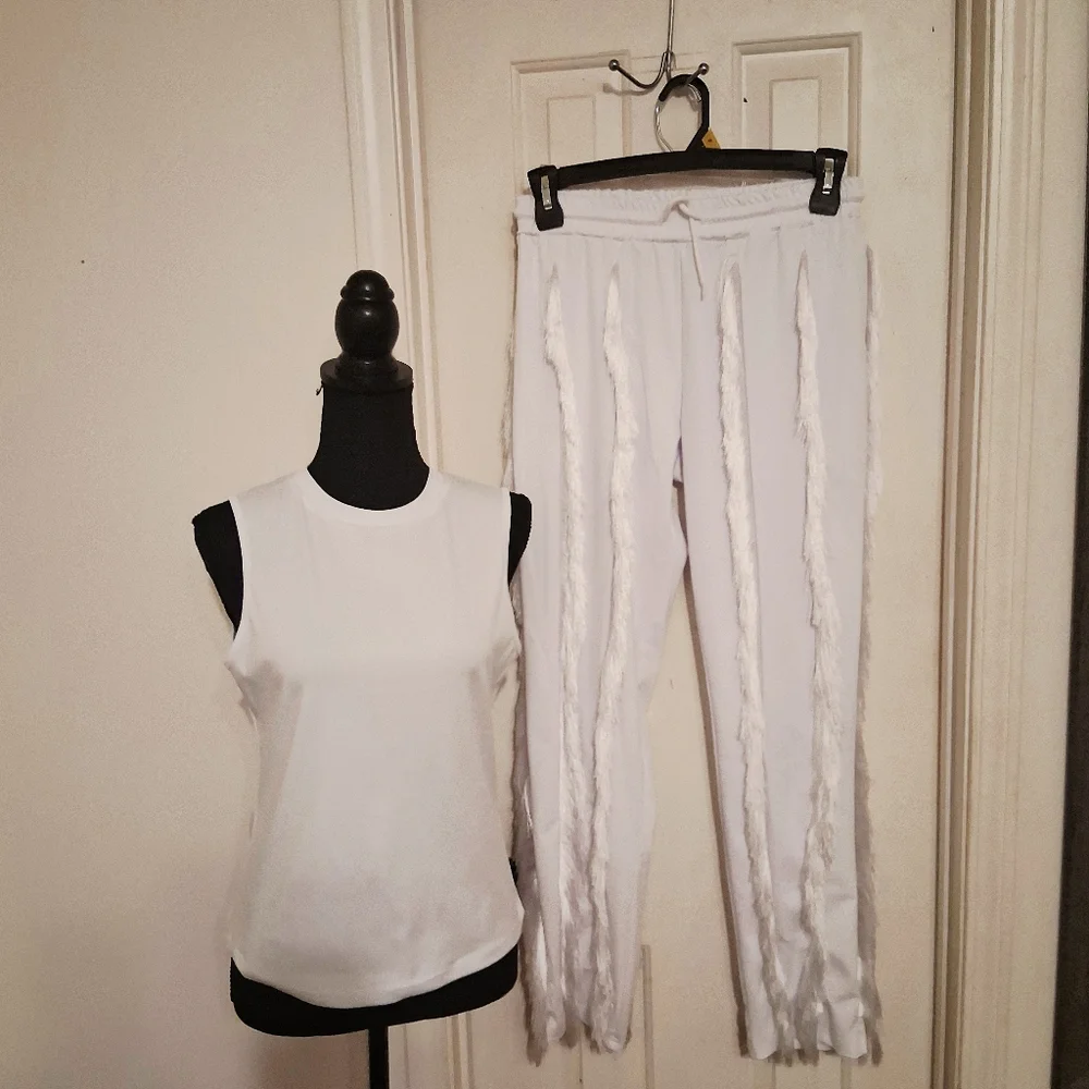 Elegant White Women's Fringe Pants & Top Set - Picture 3 of 6